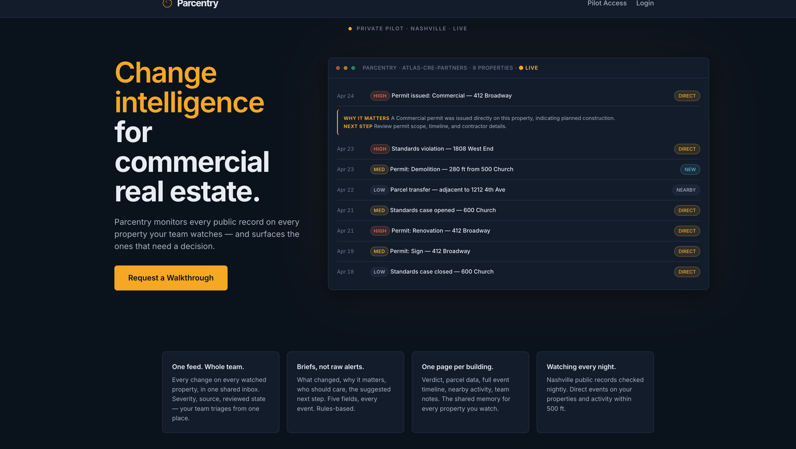 Parcentry product preview showing sample commercial-property monitoring and public-record activity.